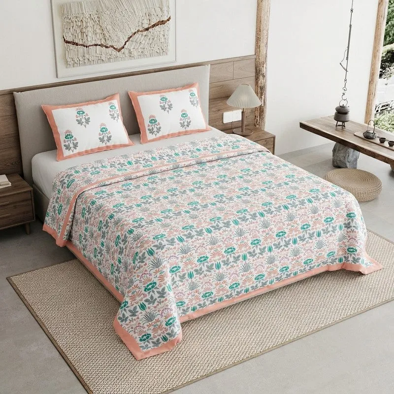 Rang Harmony Cotton Bedsheet (Blue,Peach) - 120 TC media 1