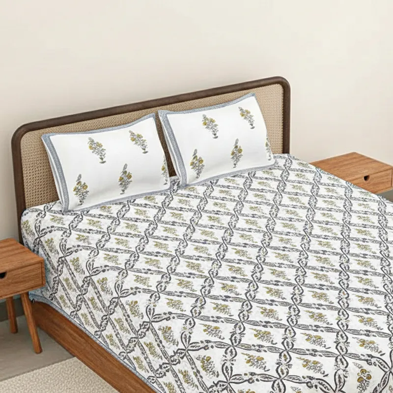 Nawabi Cotton Bedsheet (Grey, Yellow) - 180 TC media 3