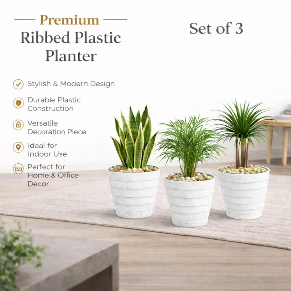 Three white ribbed planters styled with plants in a contemporary living room