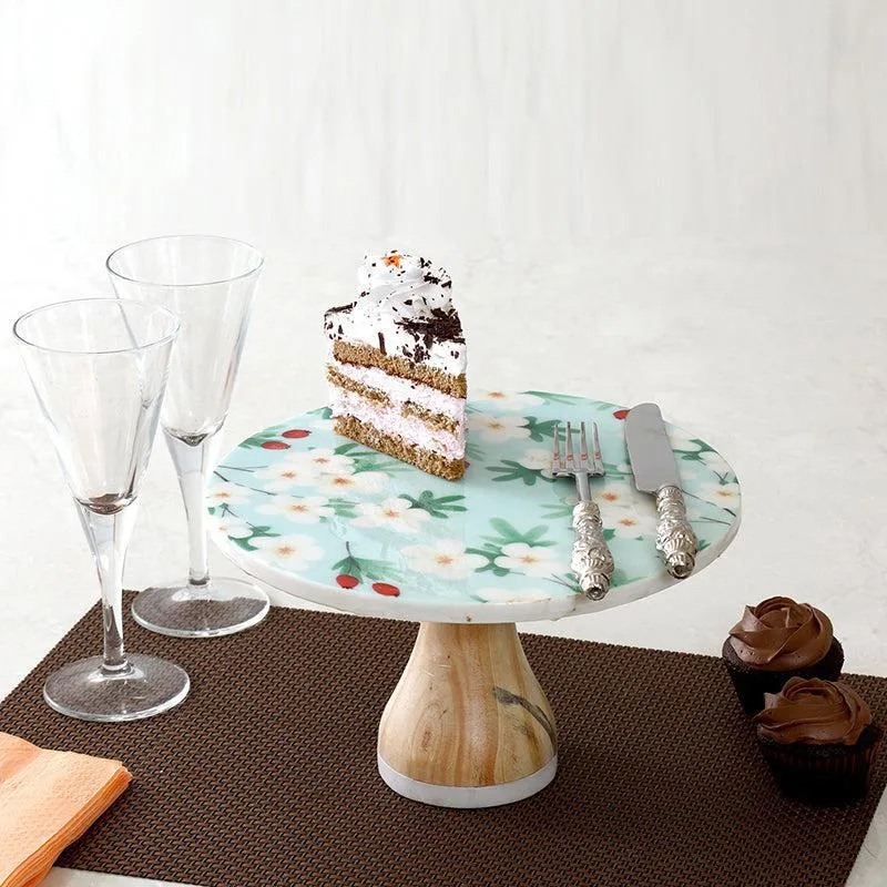 Flower Rain Printed Marble & Wood Cake Stand media 1