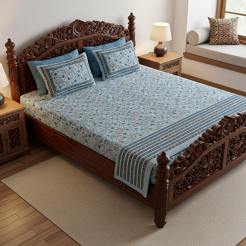 Dhriti Cotton Bedsheet (Blue) - 180 TC