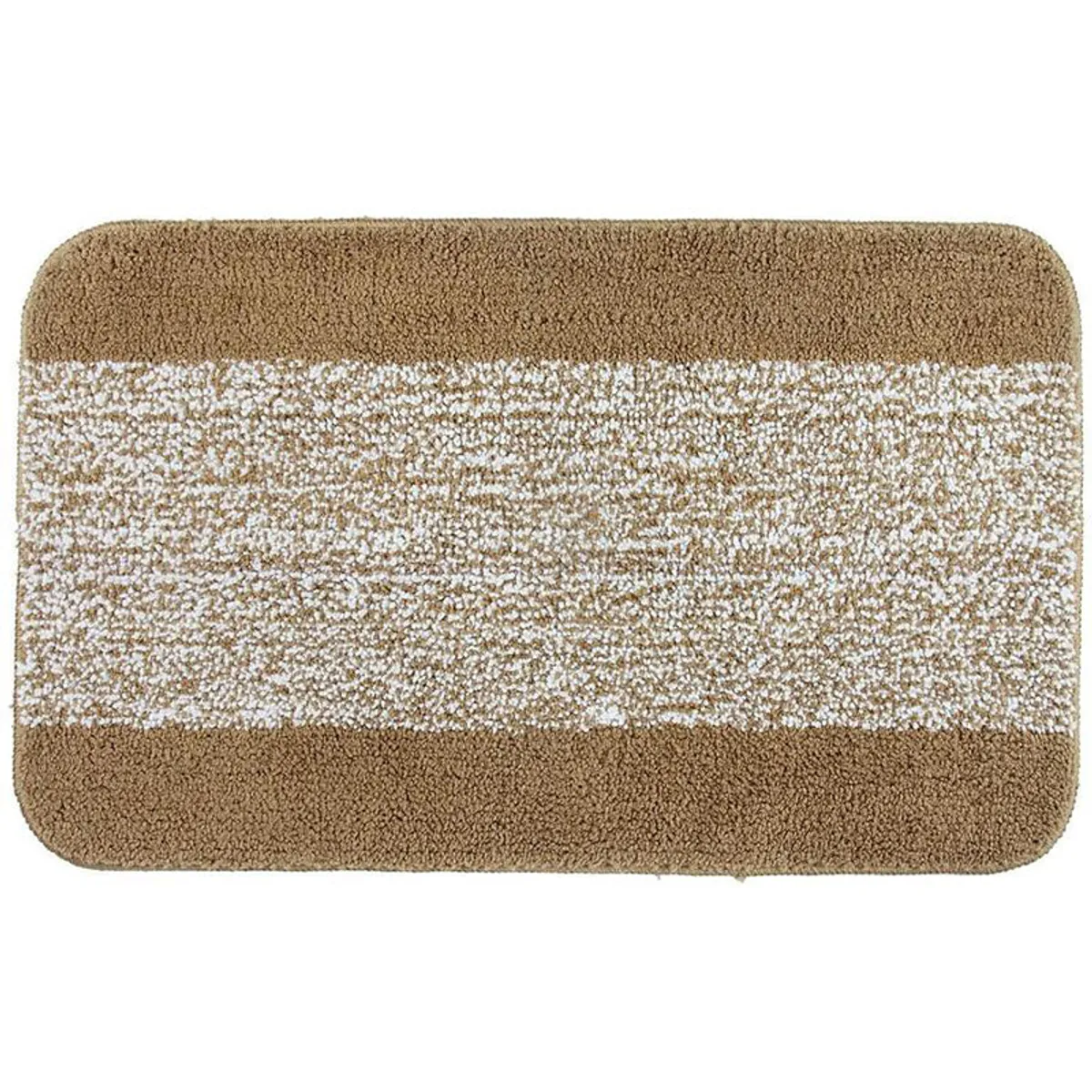 Beige rectangular bath mat with a white abstract centre stripe