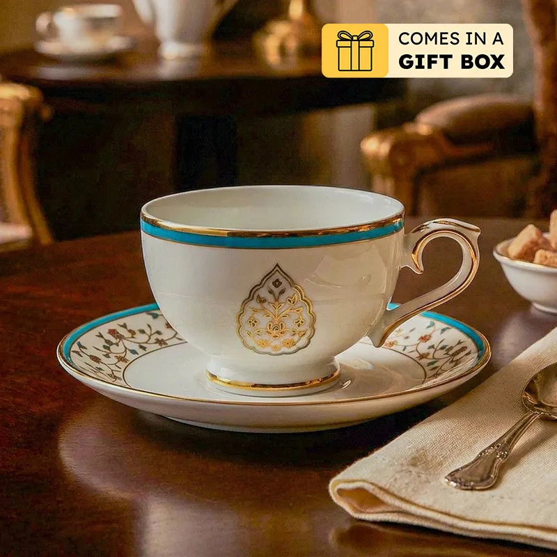Gilded Mavi 24k Gold Brushed Porcelain Tea Cup & Saucer (280 mL) - Set of Six media 1