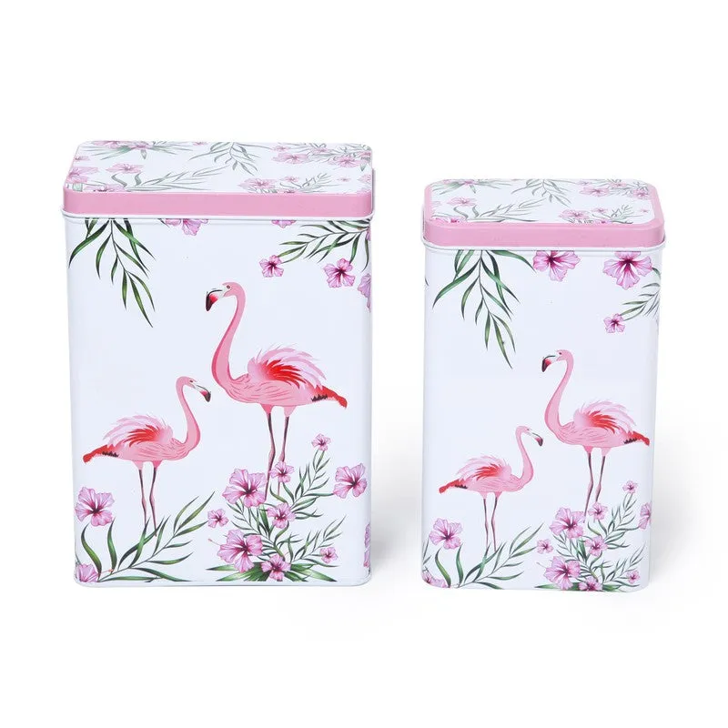 Front view of two rectangular flamingo print storage boxes with lids