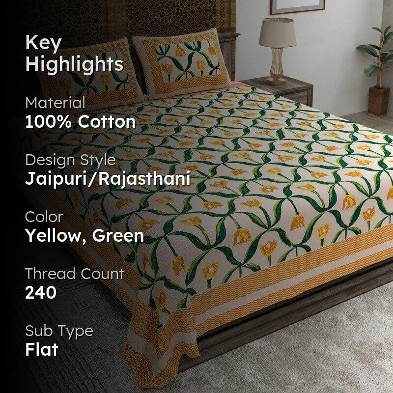 Patternus Cotton Bedsheet (Yellow,Green) - 240 TC media 2