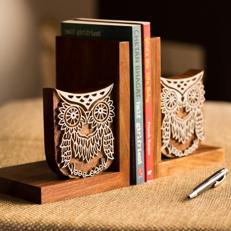 Hoot And Hold Handcarved Sheesham Wood Book End - Set Of Two