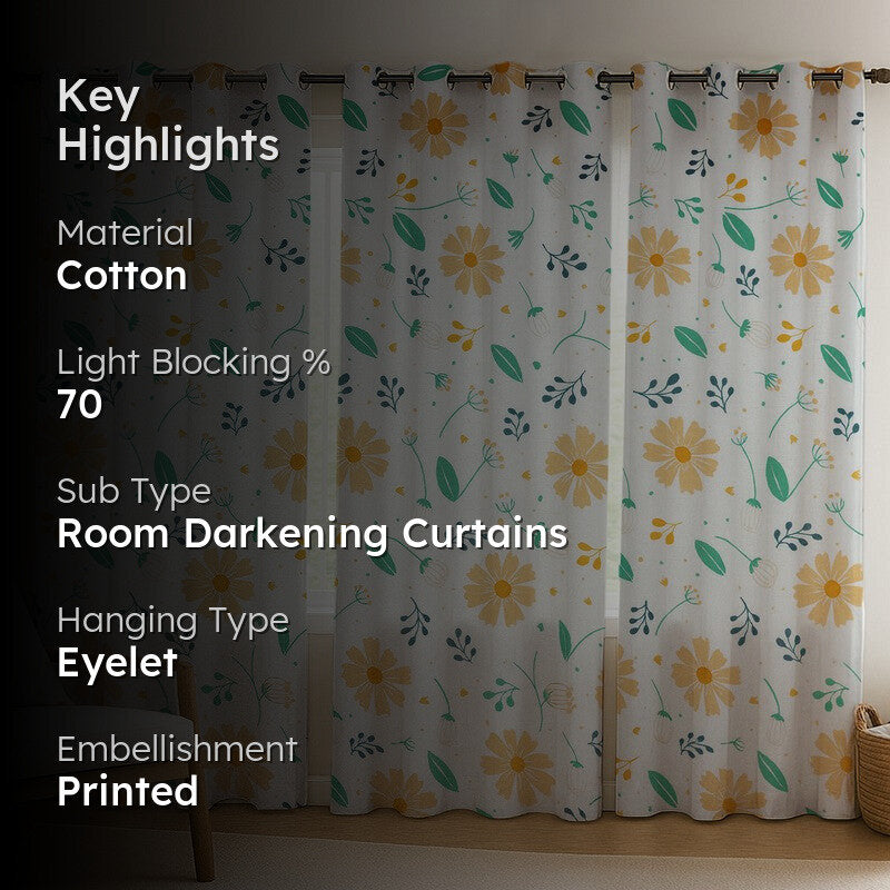 BloomSpry Cotton Curtains (green,orange) - Set Of Three media 2