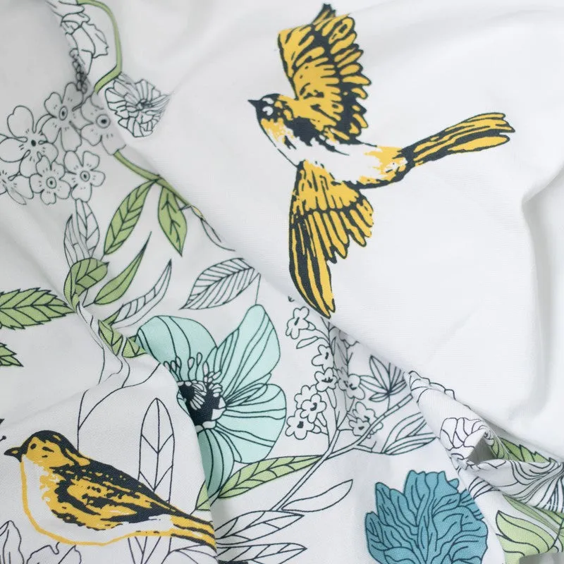 Yellow Forest Canopy Cotton Room Darkening Curtains with bird and nature print, alternate panel view