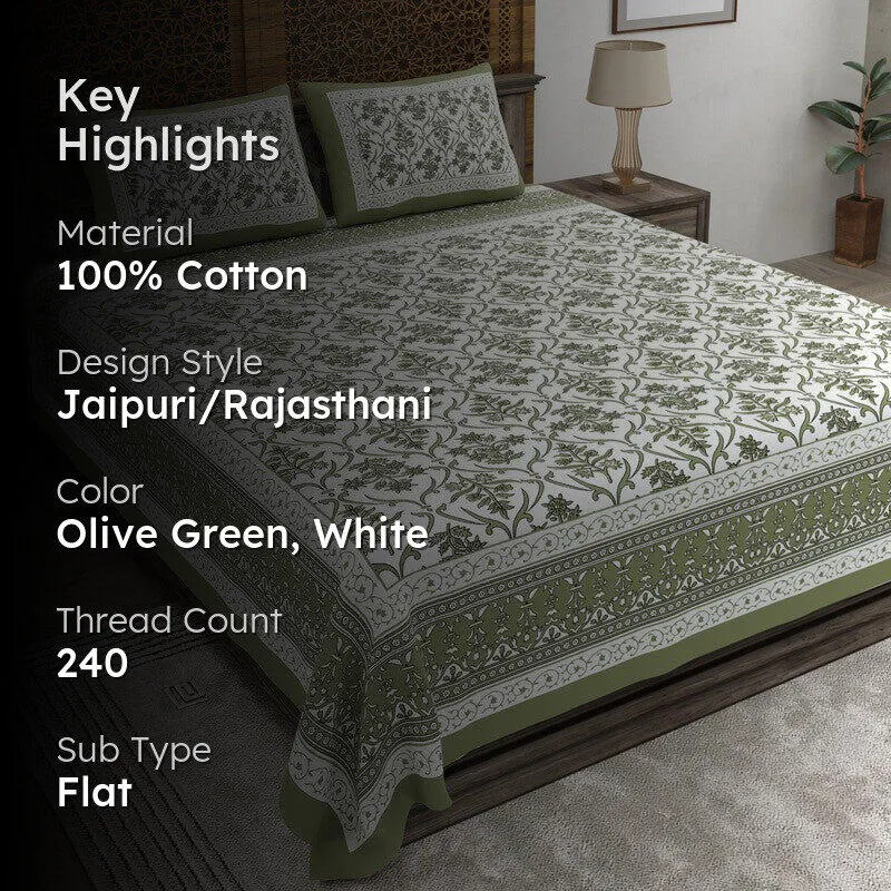 Artio Cotton Bedsheet (Olive Green,White) - 240 TC media 2
