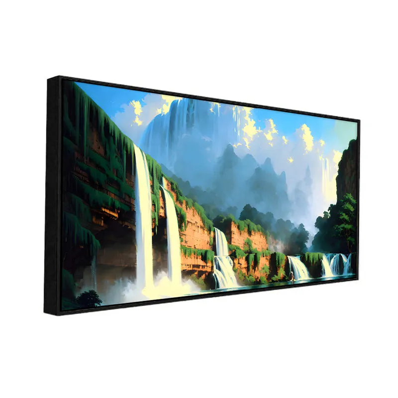 Waterfalls & Blue Skies Landscape Canvas Wall Painting With Frame - Black media 3