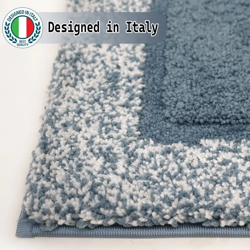 Close-up of the blue runner rug with a textured border