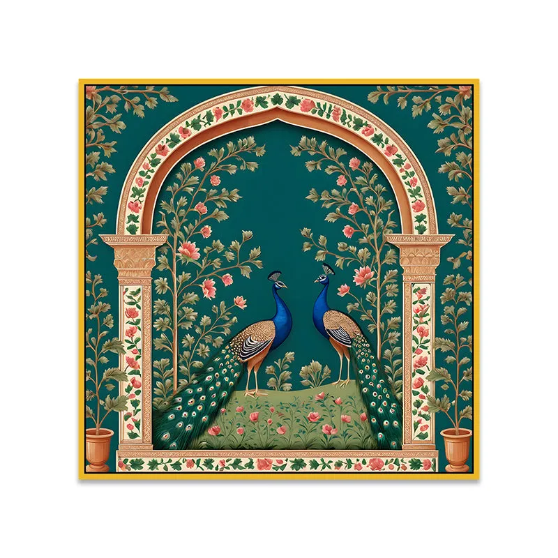 Vibrant Mayura Duo Canvas Wall Painting With Frame - Gold media 5