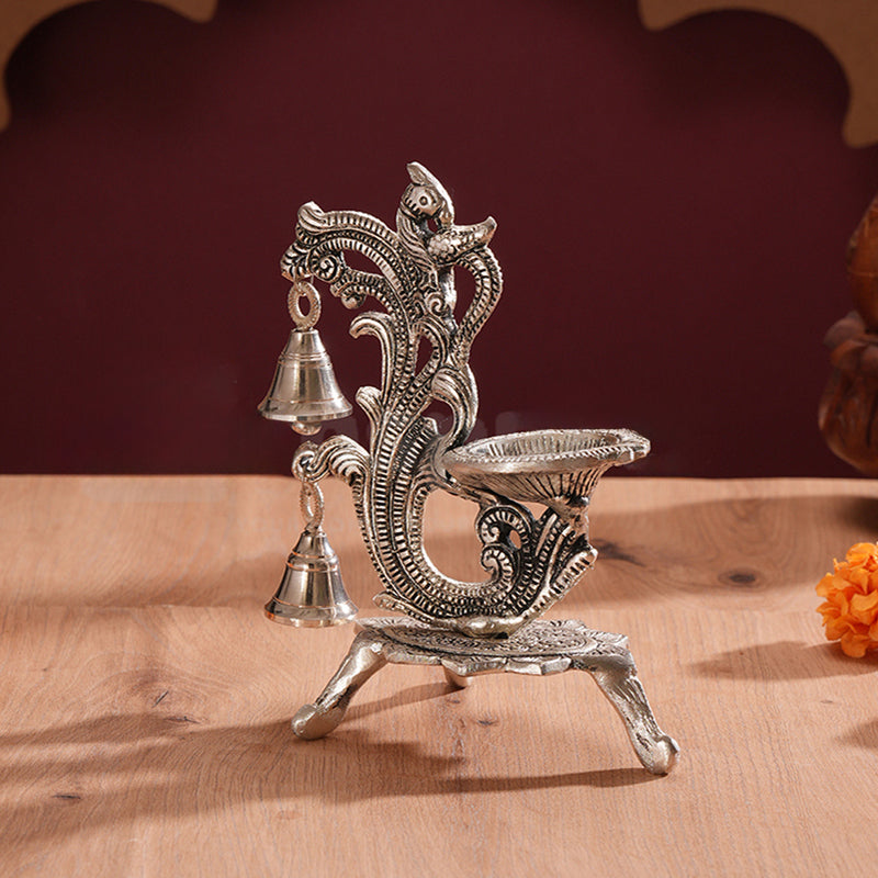 Chandrika Metal Diya with Bells - Silver Finish media 4