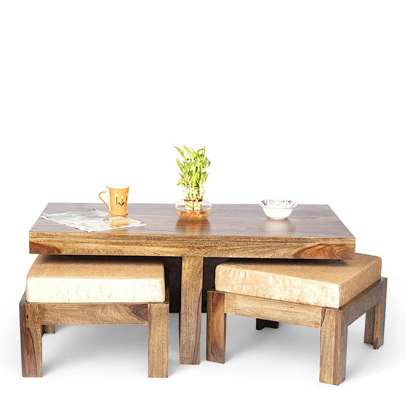 Drexon Sheesham Wooden Center Table with Stools (Brown,Grey) - Five Piece Set media 3