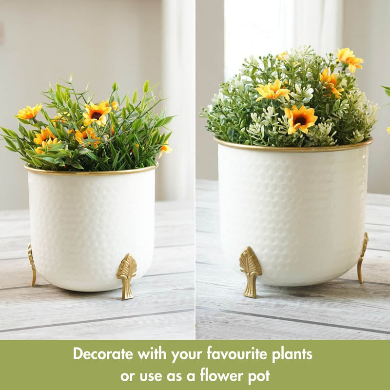 Aurea Metal Hammered Gold Rim Leaf leg Planter - Set of Two media 4