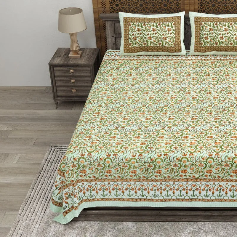 Formio Cotton Bedsheet (Green,Beige) - 240 TC media 1