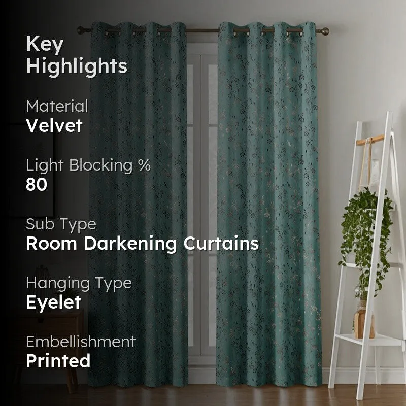 Glow Touch Printed Velvet Curtains (Sage Green,Gold) - Set Of Two media 2