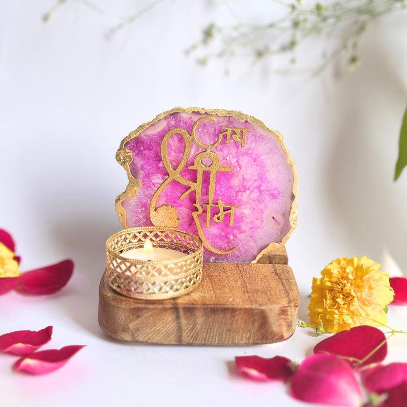 Jai Shri Ram Handcrafted Agate Religious Accent With Tealight Candle Holder - Pink media 4