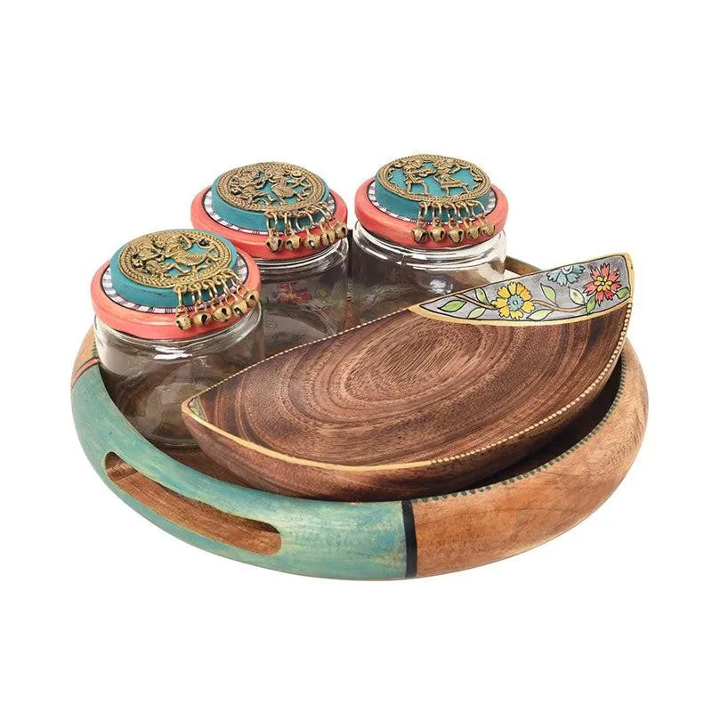 Five-piece multicolour glass jar set with a wooden tray and curved decorative platter.