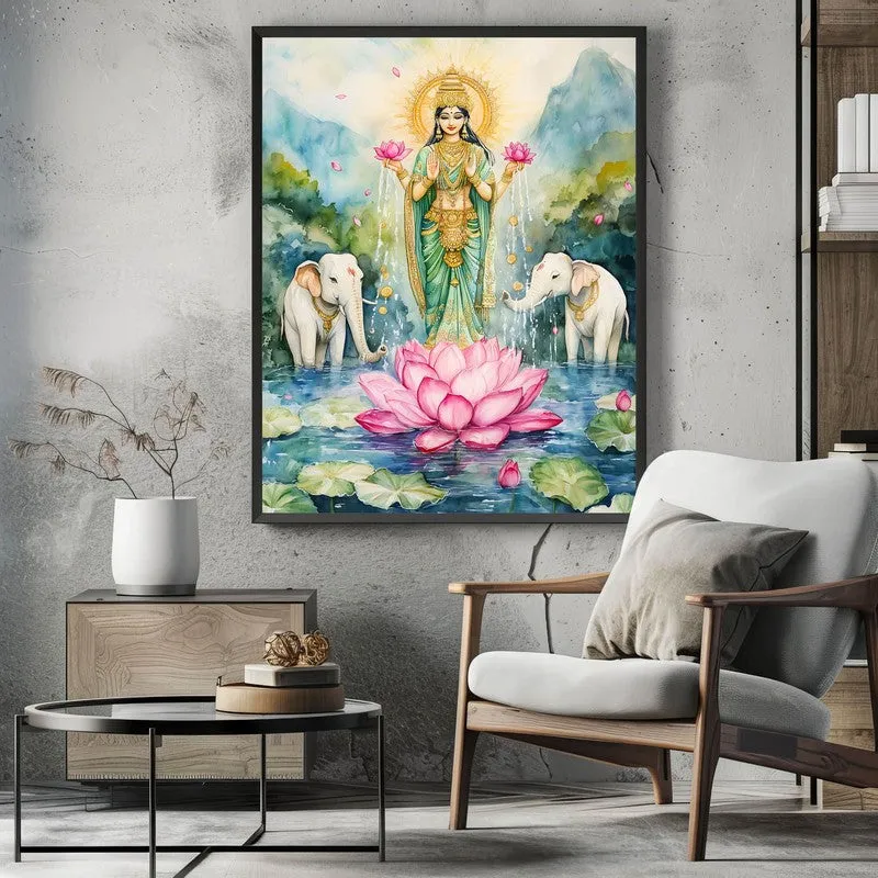 Divine Gaja Lakshmi Spiritual Archival Paper Wall Painting With Frame - Black media 3