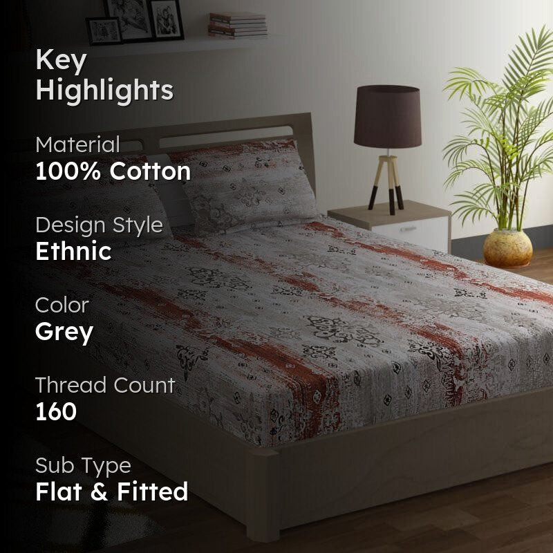 Swayam Vismit Ethnic Cotton Bedsheet (Grey) - 160 TC media 2