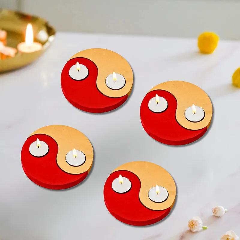 Red Yin Yang Wood Tea Light Holder - Set Of Four media 1