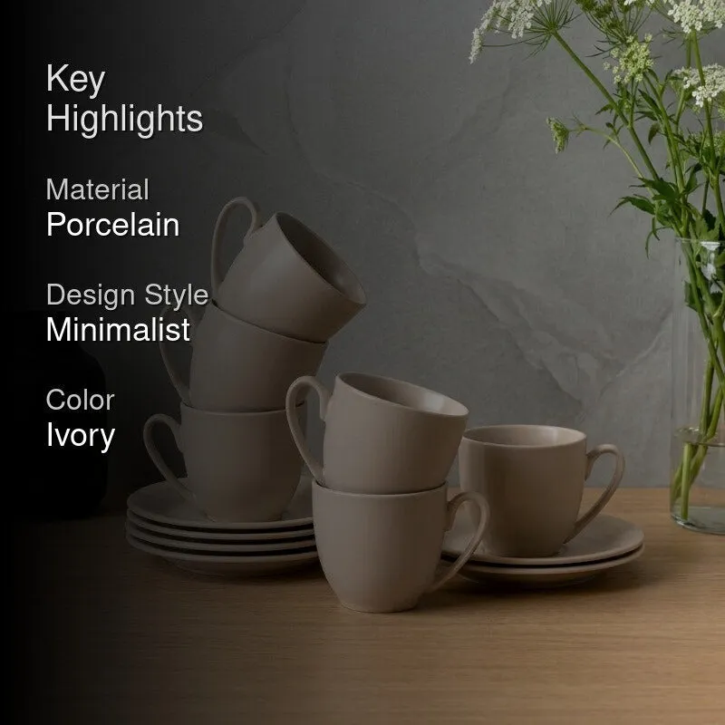 CozySip Porcelain Cup & Saucer (Ivory/200 mL Each) - Set of Six - 2