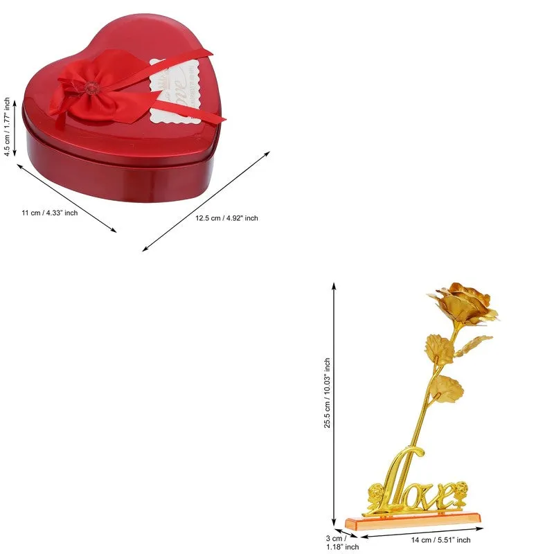 Heart-shaped red box and gold rose ornament shown with dimensions
