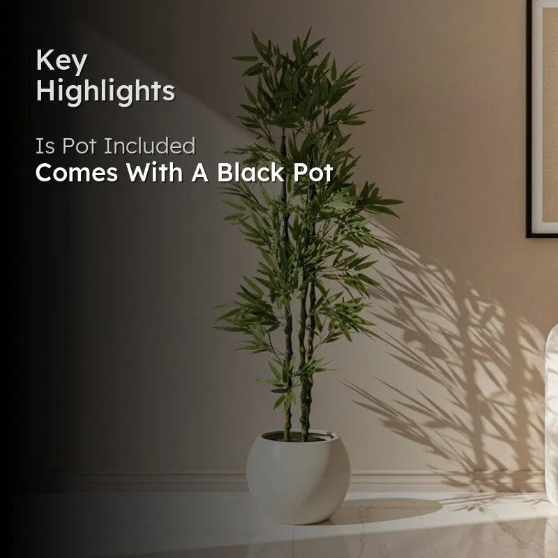 Faux bamboo plant shown in a room setting with its black pot highlighted