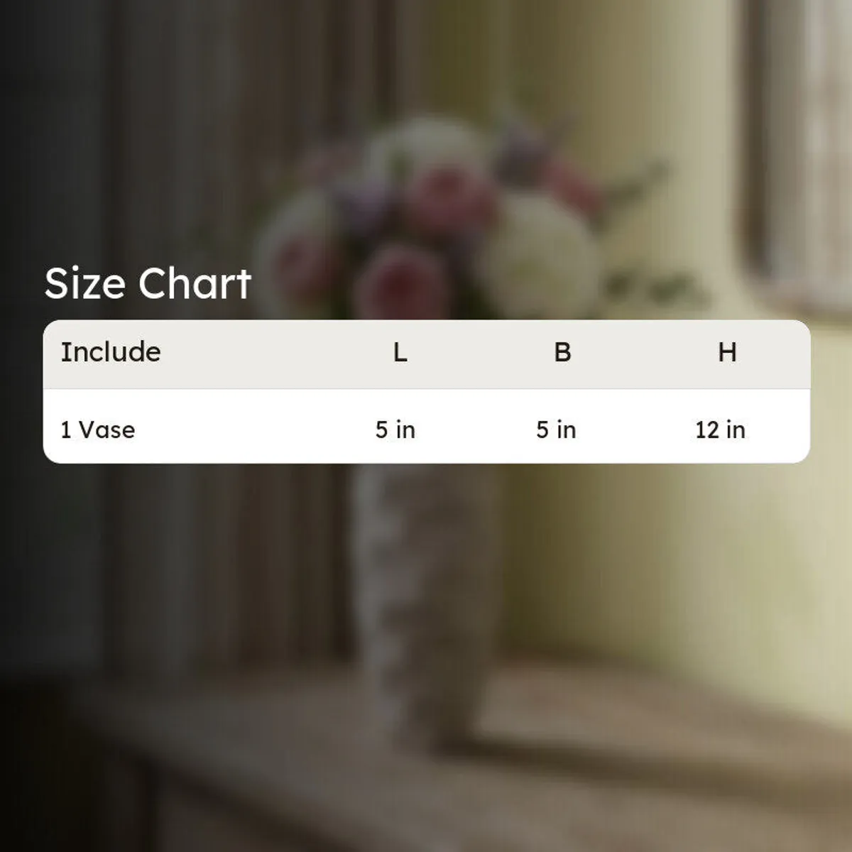 Blurred vase background with a size chart overlay