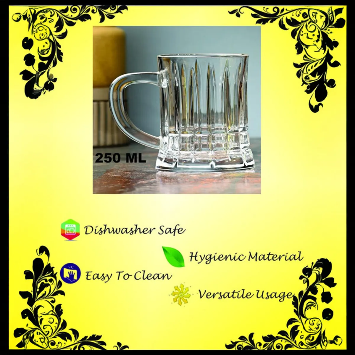 Clear ribbed beer mug shown within a decorative frame.