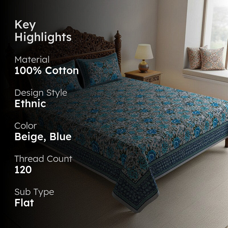 Alderidge Floral Printed Cotton Bedsheet (Blue) - 120 TC media 2