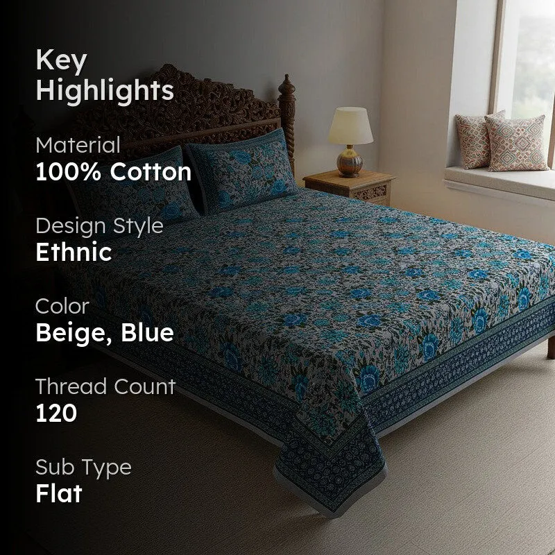 Alderidge Floral Printed Cotton Bedsheet (Blue) - 120 TC media 2