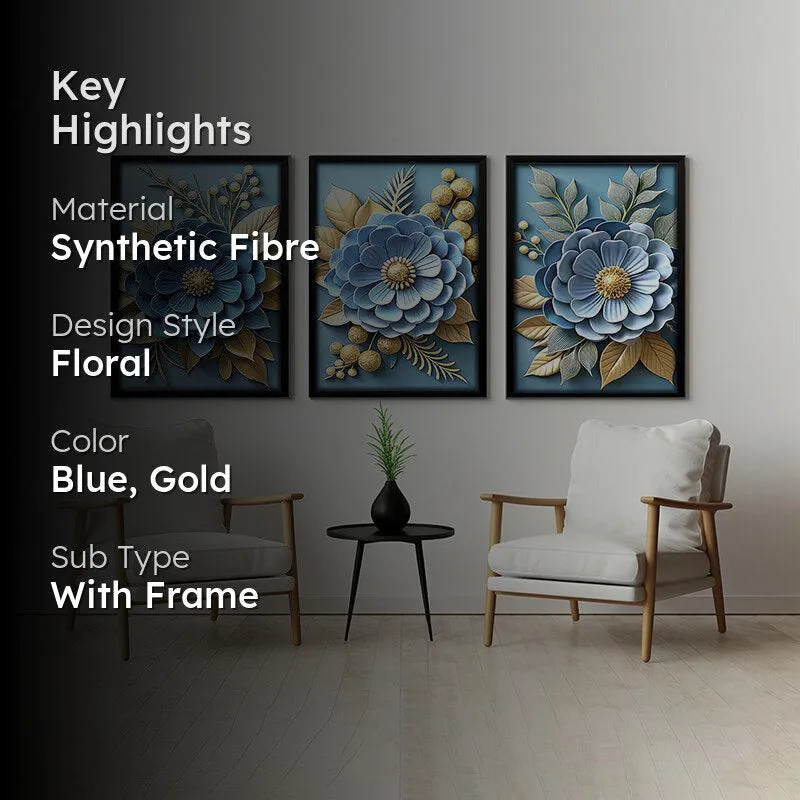 Cerulean Blooms Wall Art With Frame - Set Of Three media 2