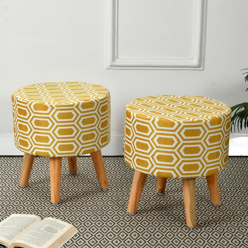 Hexora Yellow Box Print Multicolor Engineered Wood Ottomans - Set Of Two