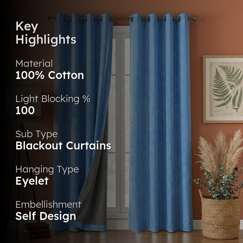 Form Ease Cotton Blackout Curtains (Blue) - Set Of Two media 2