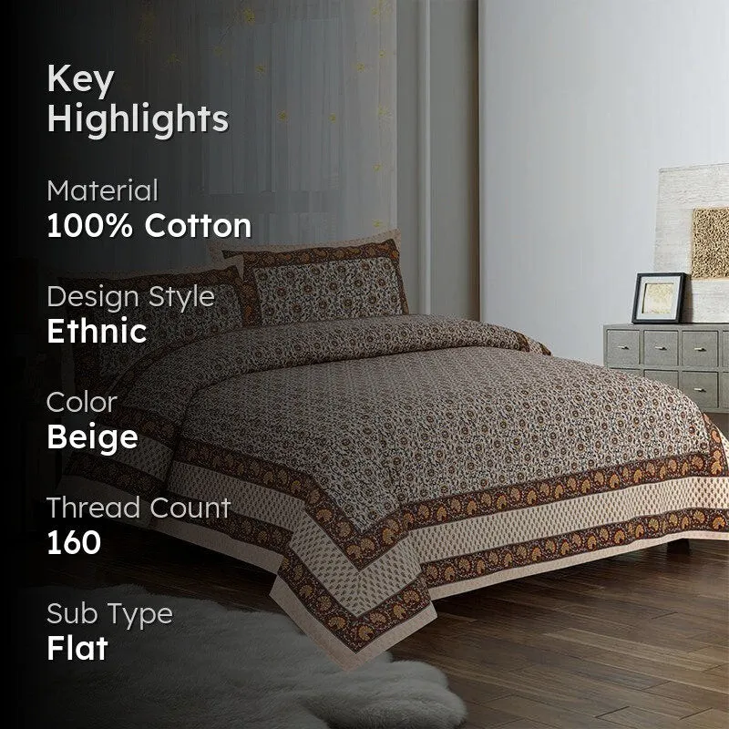 Mridula Printed Cotton Bedsheet (Beige) - 160 TC media 2