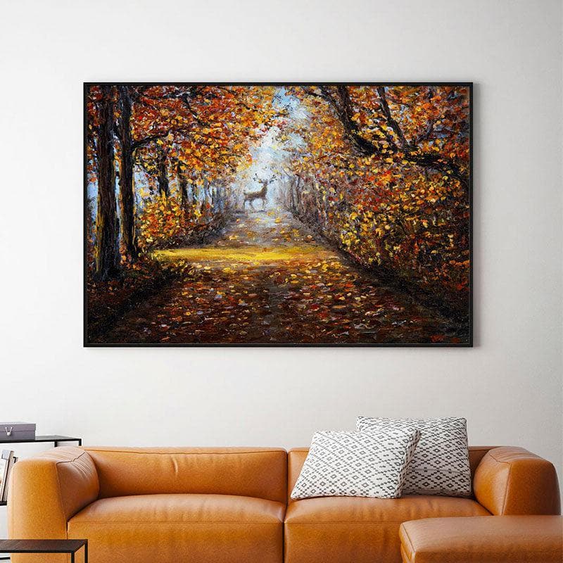 Deer In The Park Canvas Wall Painting - Black Frame