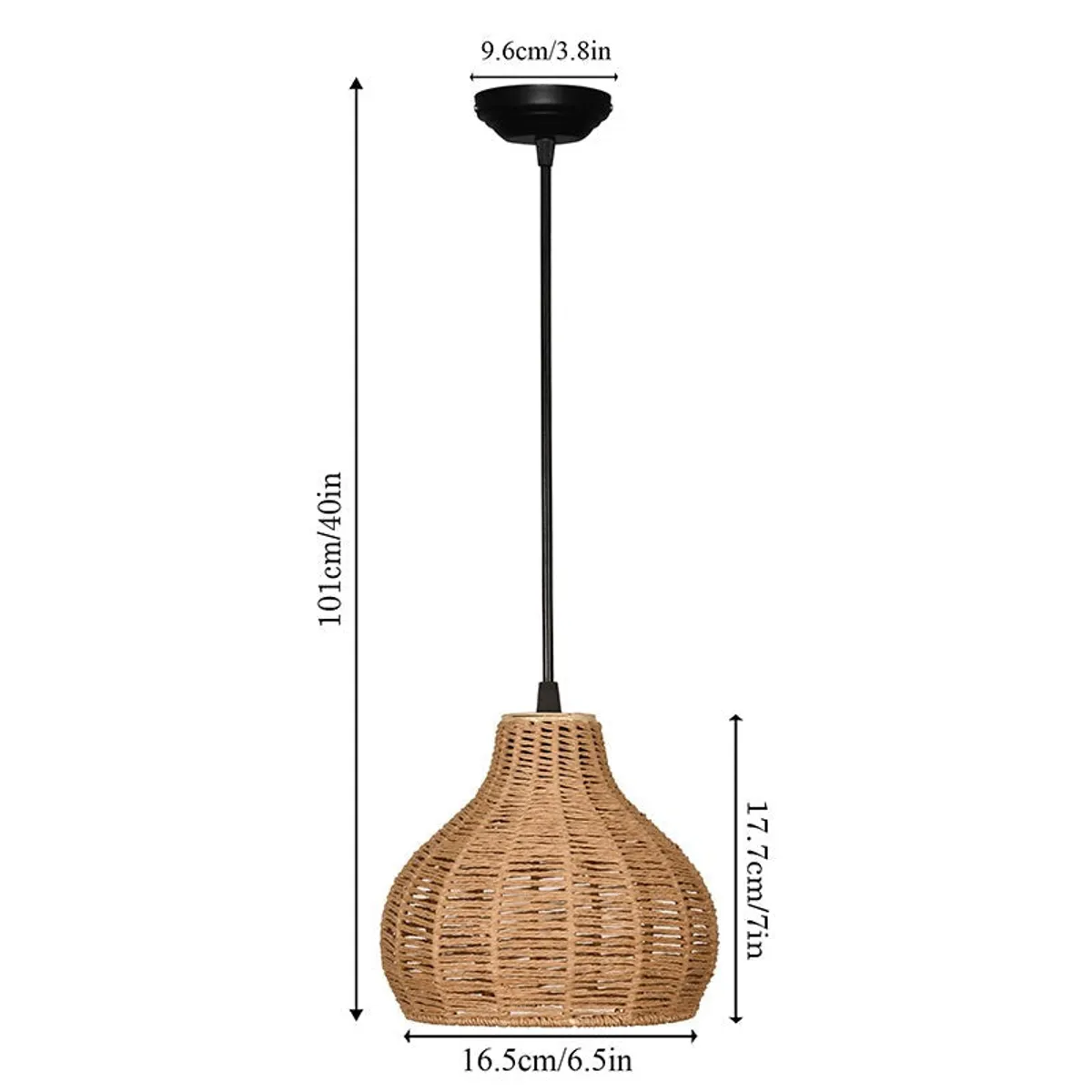 Front view of the pendant lamp with dimension arrows around it.