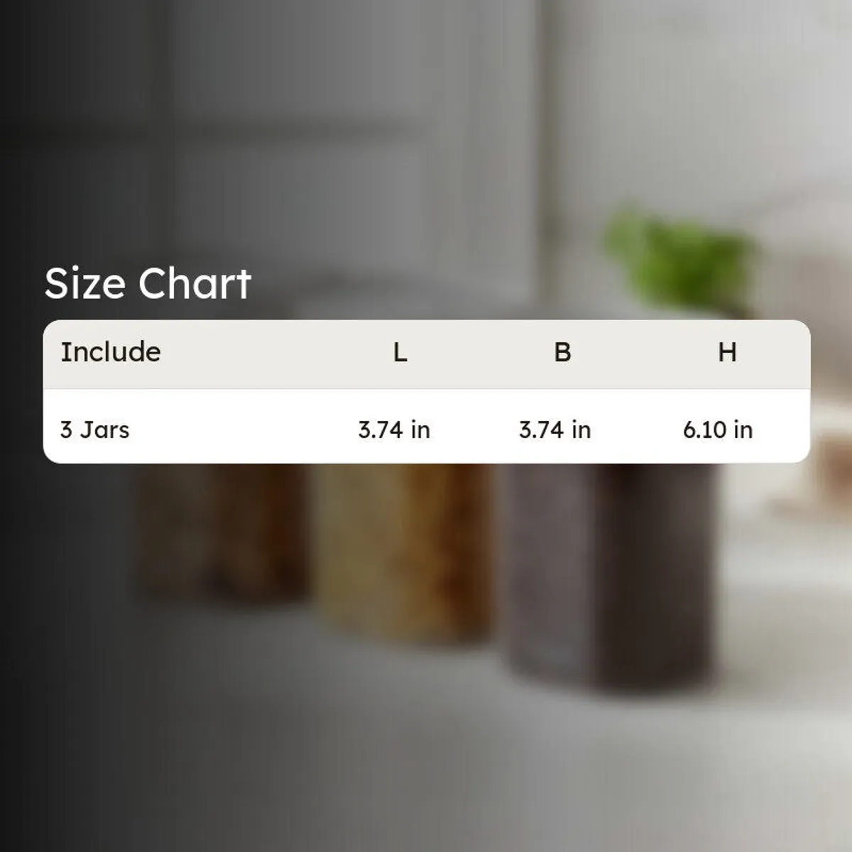 Size chart image showing three jars with length, breadth and height measurements.