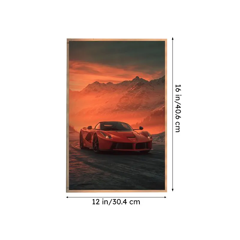 Single vertical car poster with mountain backdrop shown in a frame