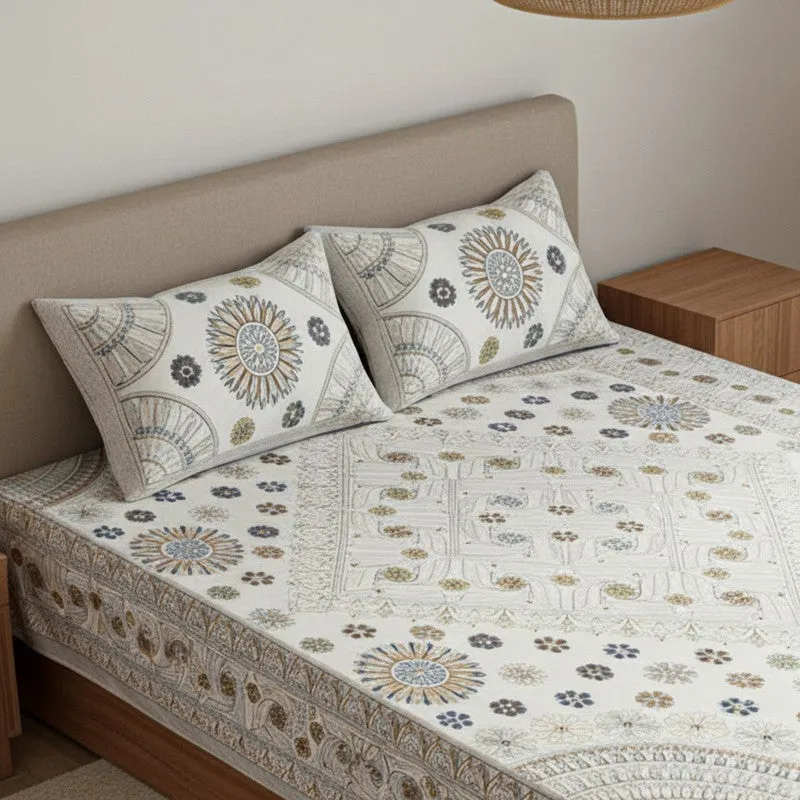 Dwanima Ethnic Cotton Bedsheet (Yellow,Grey) - 160 TC media 3
