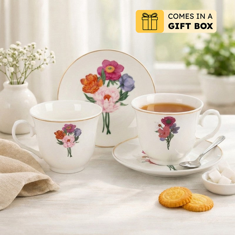 Eden 24k Gold Brushed Porcelain Tea Cup (300 mL Each) - Twelve Piece Set