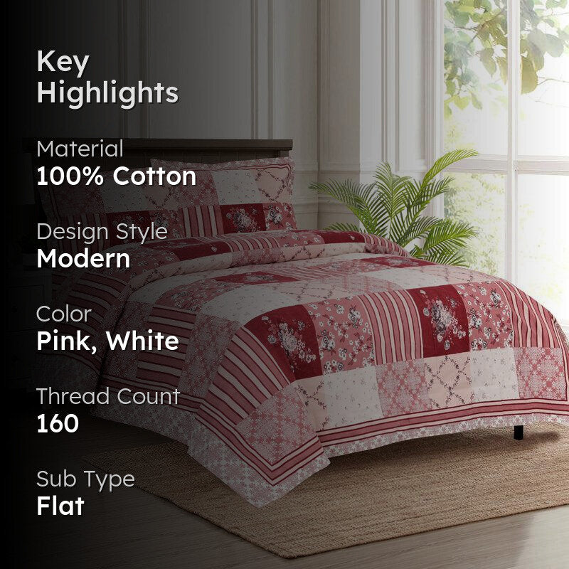 Moorah Cotton Bedsheet (Pink,White) - 160 TC media 2