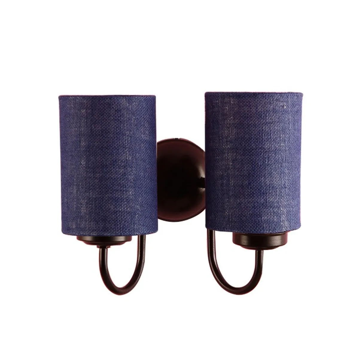 Studio view of navy blue dual wall lamp with iron base