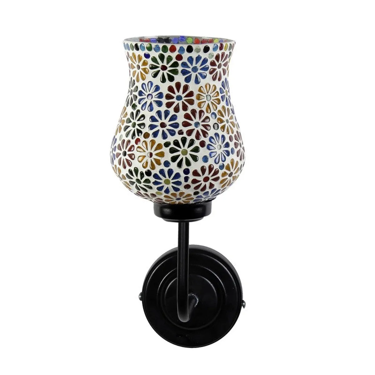 Front view of floral mosaic glass wall lamp with black base