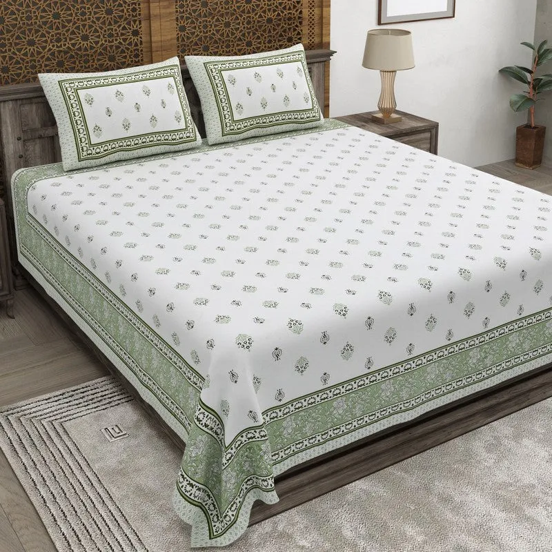 Gardenon Cotton Bedsheet (White,Green) - 240 TC media 1