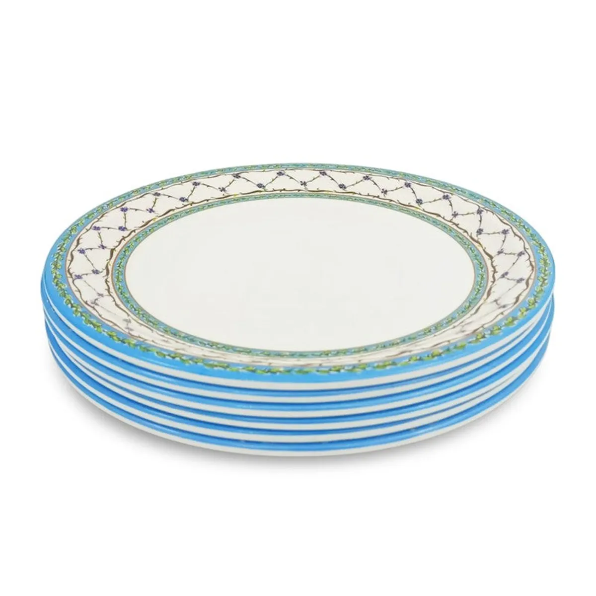 Side view of six blue and white patterned dinner plates stacked together
