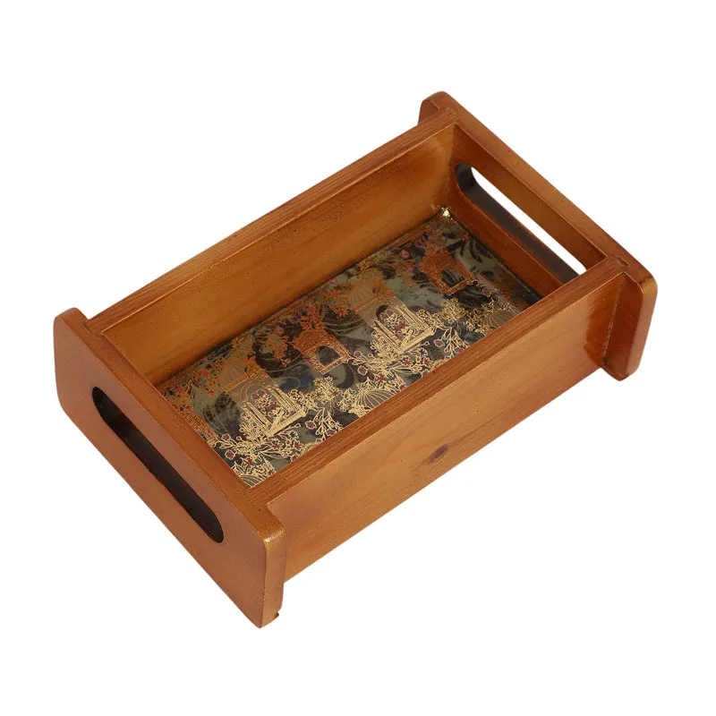 Jharokha Charm Wooden Serving Tray (Gold,Green) media 3