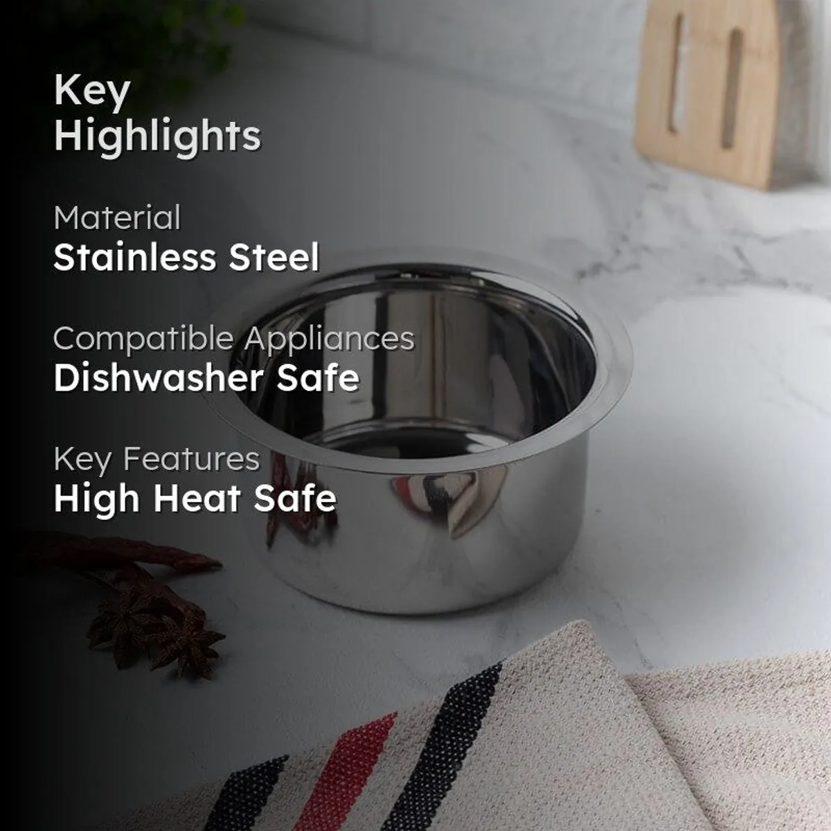 Glossy silver Pateela shown with product highlights
